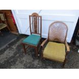 2 Oak chairs with upholstered seats, one with caned back