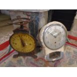 Antique scales, Smiths metal clock and an art deco coal bin