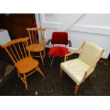 2 pine chairs, retro chrome chair and vinyl chair, both for re-upholstery