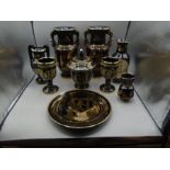 Greek ceramics- Black with 24k decoration and trim comprising 2 large vases (one has a chip on the
