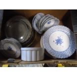 Half a stillage of china, glasses, vintage jelly molds, food mixer- new in box, sundries. stillage