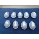 9 Wedgwood blue and white Jasper Easter Egg trinket boxes for years 1977 - 1985 (7 are boxed)