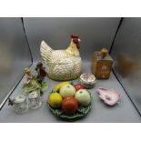 Chicken crock, glazed fruit basket, trinket dish and pot, figures and a coffee grinder