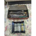Tin of tools including spanners etc