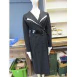 Louis Feraud 1980's coat dress in size 10, black with double breast buttons, white trim to collar