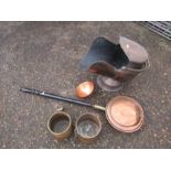 Copper and Brass items including coal scuttle, bed warmer and bell etc