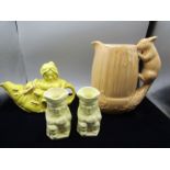 Sylvac acorn & squirrel jug, Sylvac toby jugs- a/f and a Lingard shoe teapot