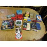 Mixed vintage toy lot including Viewmasters, Lego, marbles and boxed Meccano motor etc