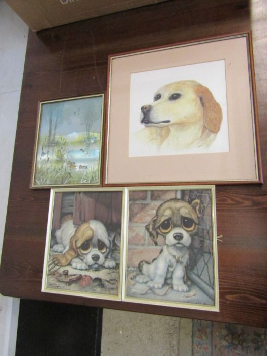 Framed dog painting signed Carol and 2 framed dog prints signed Gig etc