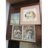 Framed dog painting signed Carol and 2 framed dog prints signed Gig etc