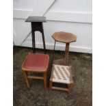 Two plant stands, one Arts and Crafts style and 2 retro stools