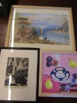 Watercolour of an Italian lake scene- signed, engraving of a New York scene by Claire Leighton and a