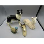 Collie dog figure, pottery sheep, Loch ness monster whiskey figure and a deers head