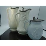 2 Victorian Salt glazed pitcher creamware jugs ( Relief Mould ) with hinged pewter lids. One by
