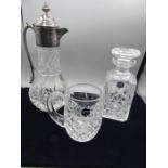 Stuart crystal decanter, tankard and a lead crystal claret jug on a plated serving tray
