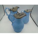 3 Victorian Lidded pitchers (2 stoneware) one Salt glazed. Largest 22cm tall approx. other two