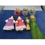 Vintage china pin cushion/ cotton reel cover dolls, straw dolls and 2 others