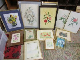Job lot of pictures in mixed media, mostly flowers