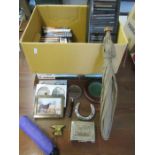 A box of allsorts- dvd's, cd's, brass mini anvil, umbrellas etc