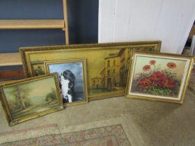 Oil paintings and a large print most in gilt frames