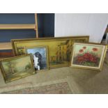 Oil paintings and a large print most in gilt frames