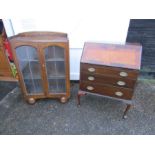 Oak glazed bookcase with leaded glass and Walnut veneered bureau