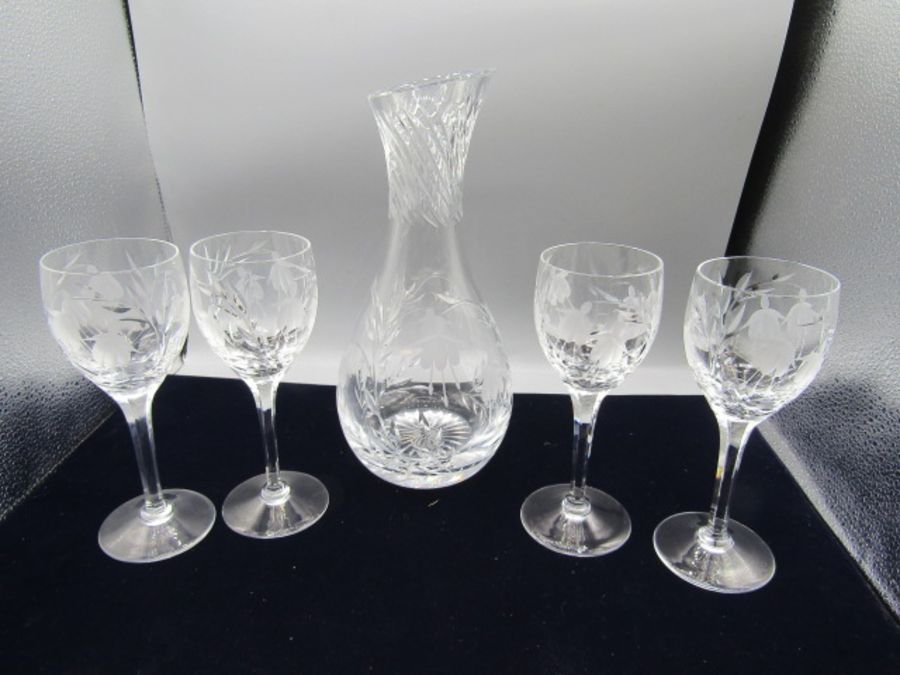 Stuart crystal decanter/jug and stemmed glasses etched with fuschia design