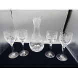 Stuart crystal decanter/jug and stemmed glasses etched with fuschia design