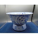 Blue and white patterned pedestal/punch bowl, 20cm tall and 30cm diameter