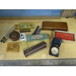 collectors lot - leather tape measure, boxed vintage pencils, penknives, treen boxes, railway