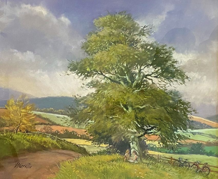 BARRY WATKIN, F.R.S.A. (BRITISH, CONTEMPORARY) Young cyclists resting under tree on hill top Signed,