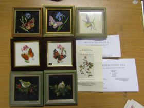 7x Helen Stevens original hand embroidery pictures of birds, butterflies and flowers. 6x6"