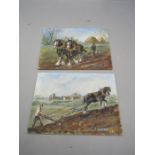 2 small Oil on board pictures depicting horses ploughing signed J Wildman 13cm x 18cm approx