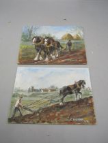2 small Oil on board pictures depicting horses ploughing signed J Wildman 13cm x 18cm approx