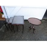 Mahogany nest of tables with inlaid tops under glass and side table with inlaid top