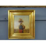 Quality oil on board depicting a woman working in the fields, in gilt frame 34x37cm