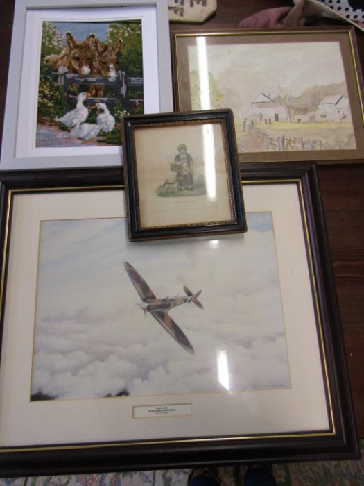 A Colin Walker spitfire print, wool work, water colour and one other