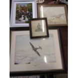 A Colin Walker spitfire print, wool work, water colour and one other