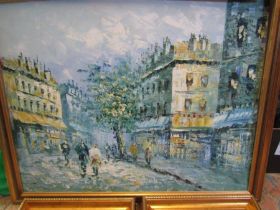 A signed oil on board depicting a street and 3 prints
