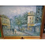 A signed oil on board depicting a street and 3 prints
