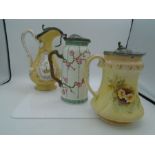 3 Victorian pitchers - one Pinder, Bourne & Co - Burslem, Staffordshire C. 1877. Smear - glazed