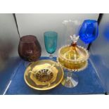 Coloured glass etc to incl bonbon jar, vases and bowl etc