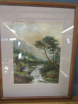 Watercolour of Scottish fising mountain scene 'Glencoe' signed by Lewis