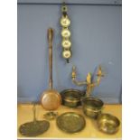 Brass wall light, pans, brasses and planters