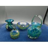 Five Mdina glass pieces to incl vases and paperweight, 2 pieces signed