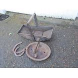 Wooden trug, cast iron boot scraper and 2 horse shoes