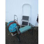 Gardena hose pipe and reel and metal steps etc