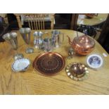 Mixed metalware including copper kettle, ashtray and tankards etc
