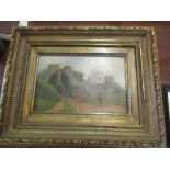 Oil painting of a church precinet in gilt frame