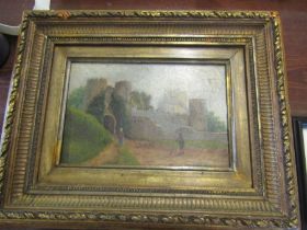 Oil painting of a church precinet in gilt frame